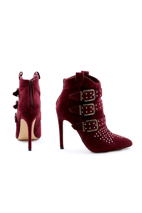 Brandie - Wine Faux Suede Buckle Studded Ankle Boots