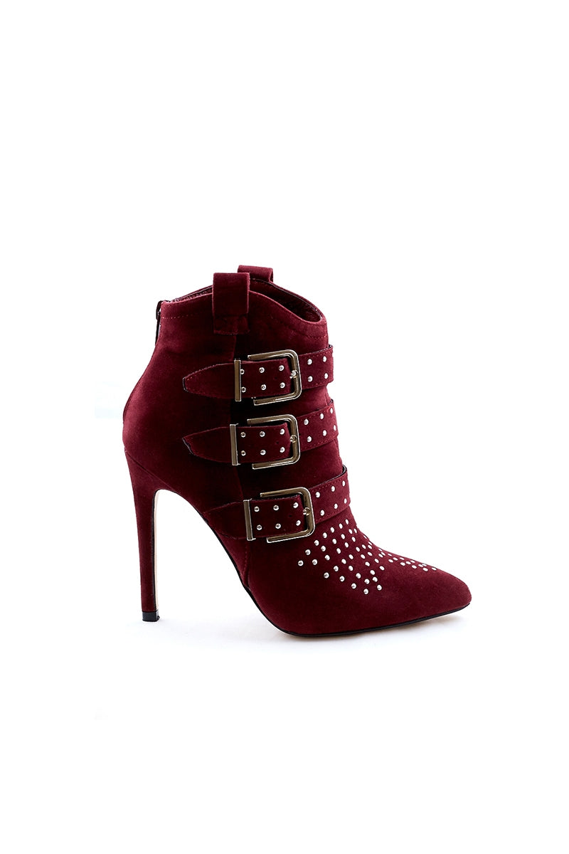 Brandie - Wine Faux Suede Buckle Studded Ankle Boots 