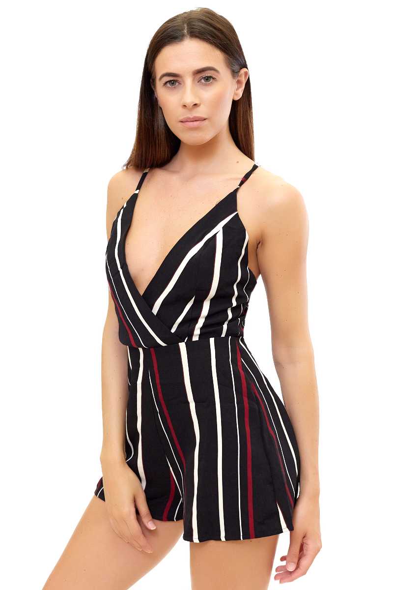 Brynna - Black strappy striped playsuit