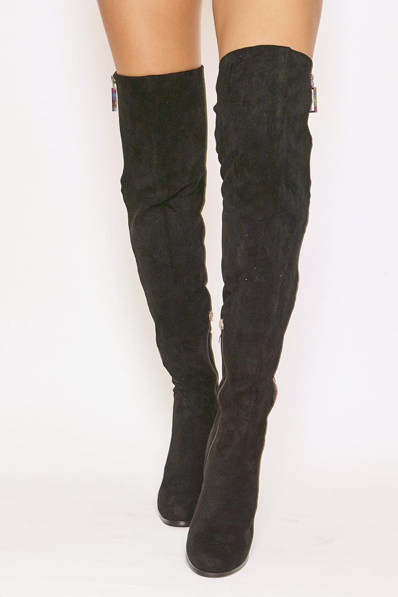 Revel - Black Faux Suede Side Zip Over The Knee Boots