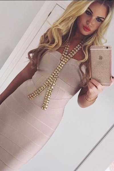 Florence - Nude & Gold Jewelled Halterneck Bandage Dress