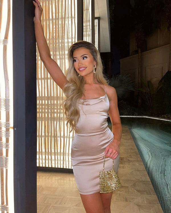 Liliya - Champagne Satin Tie Up Back Mini Bodycon Dress