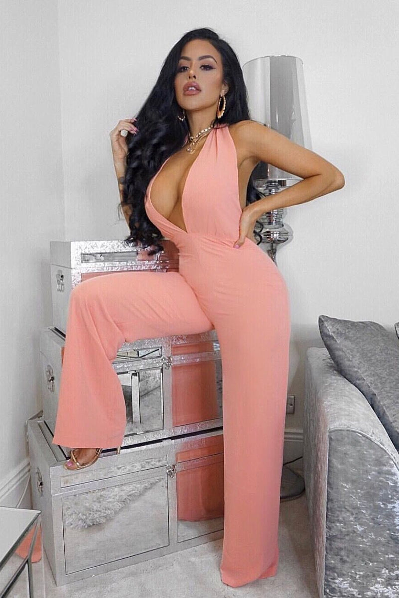 Malibu - Pink Plunge Backless Jumpsuit