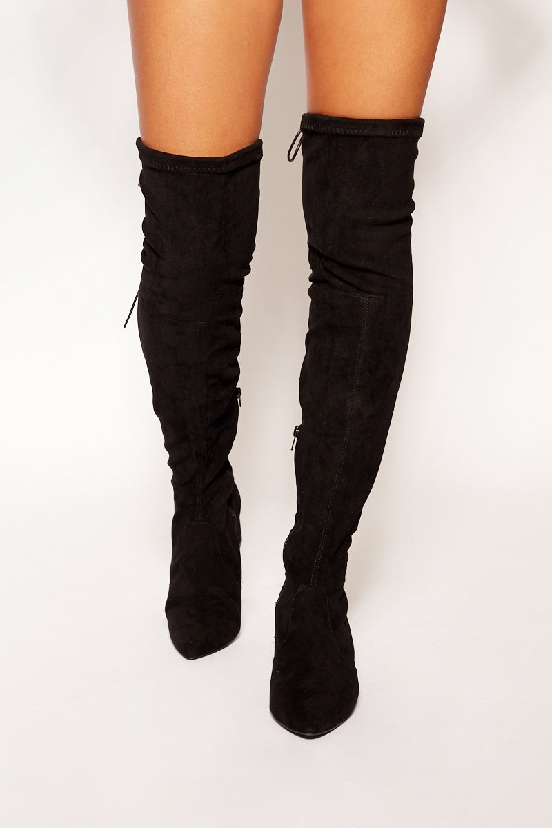 Bramble - Black Pointed Toe Over The Knee Lace Up Boot