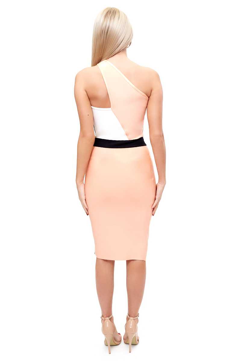 Lea - One Shoulder Peach Colour Block Bandage Dress