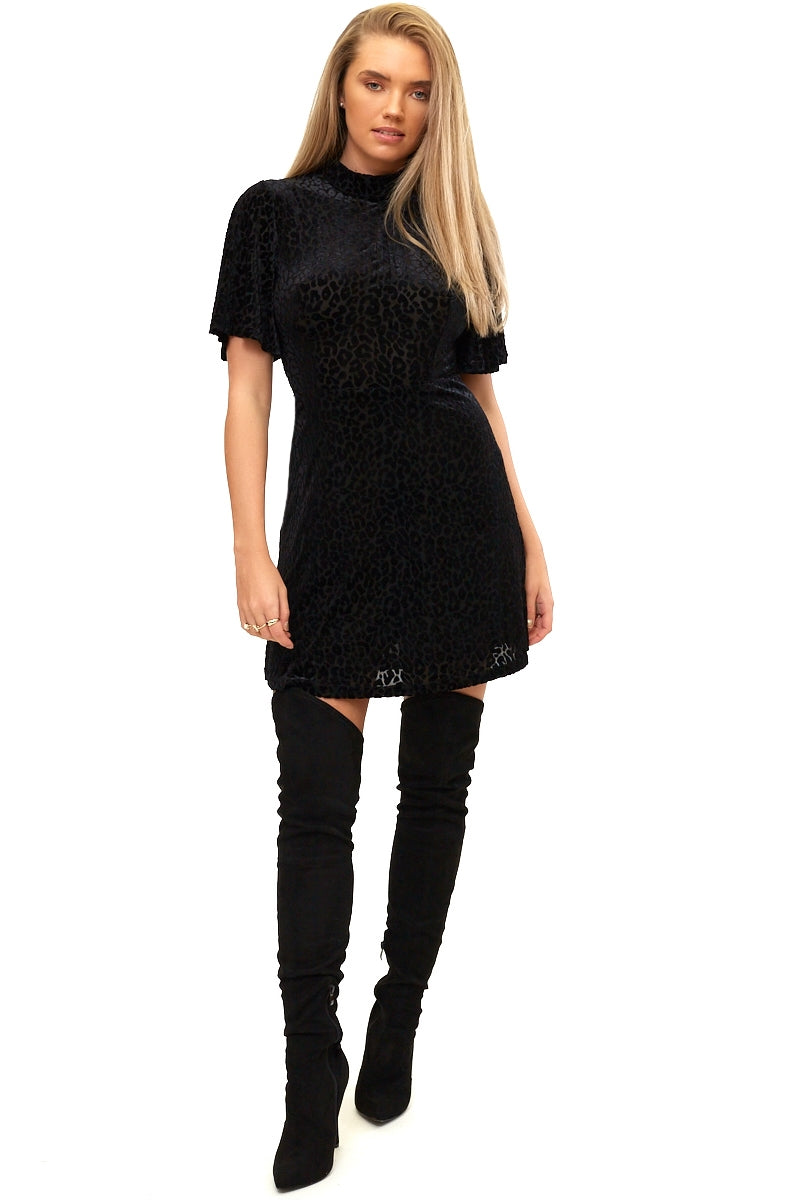 Jocelyn - Black Velvet Leopard Print Shift Dress