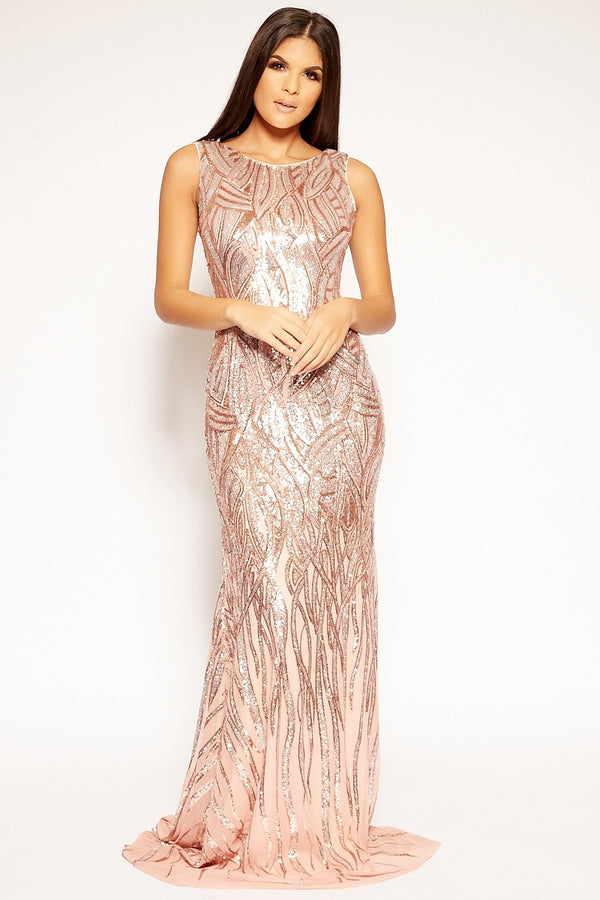 Rehana - Pink Sequin High Neck Evening Gown 