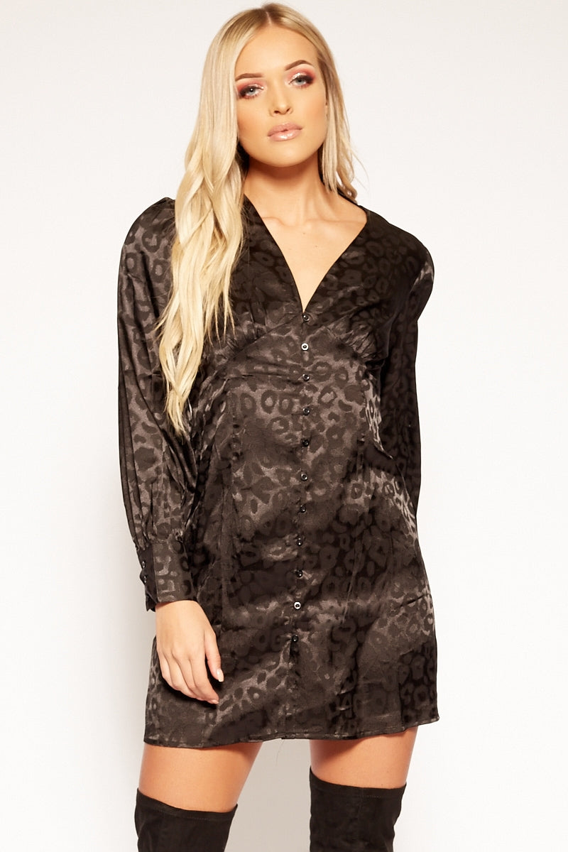 Jolina - Black Leopard Textured Satin Shift Dress