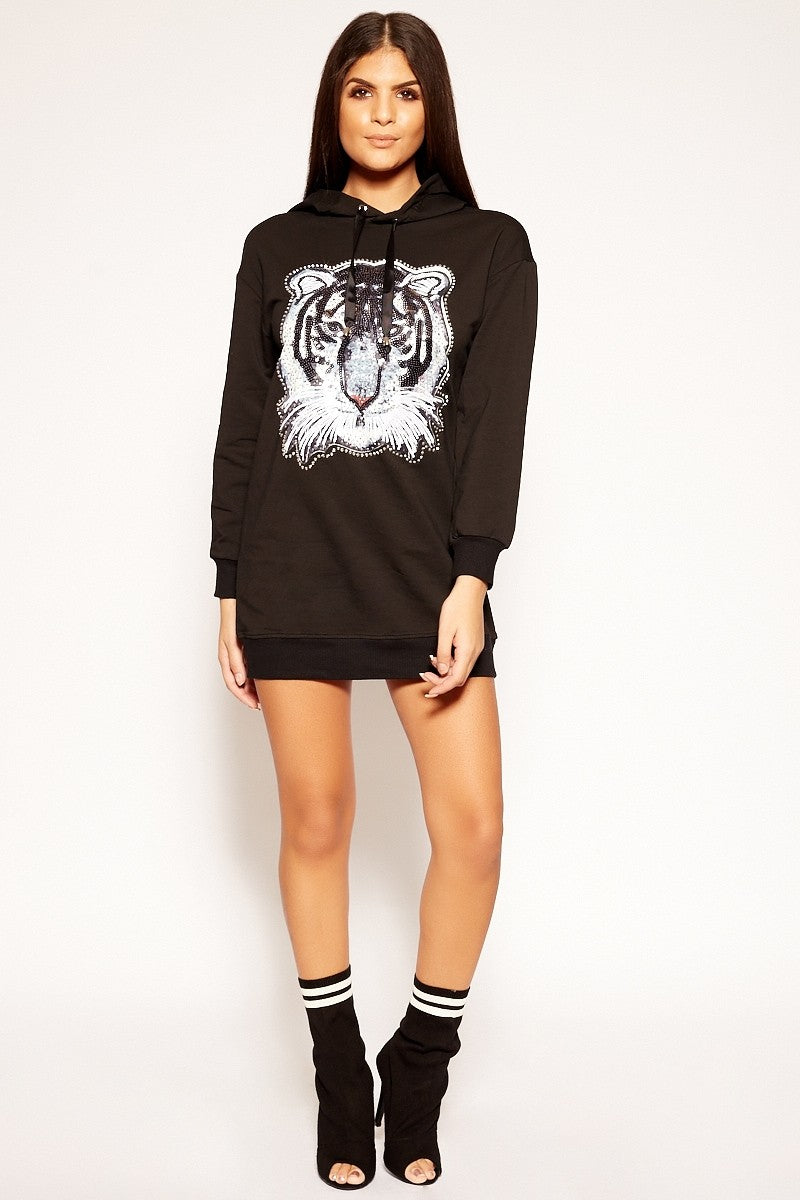 Clio - Black Sequin Tiger Hooded Jumper Dress