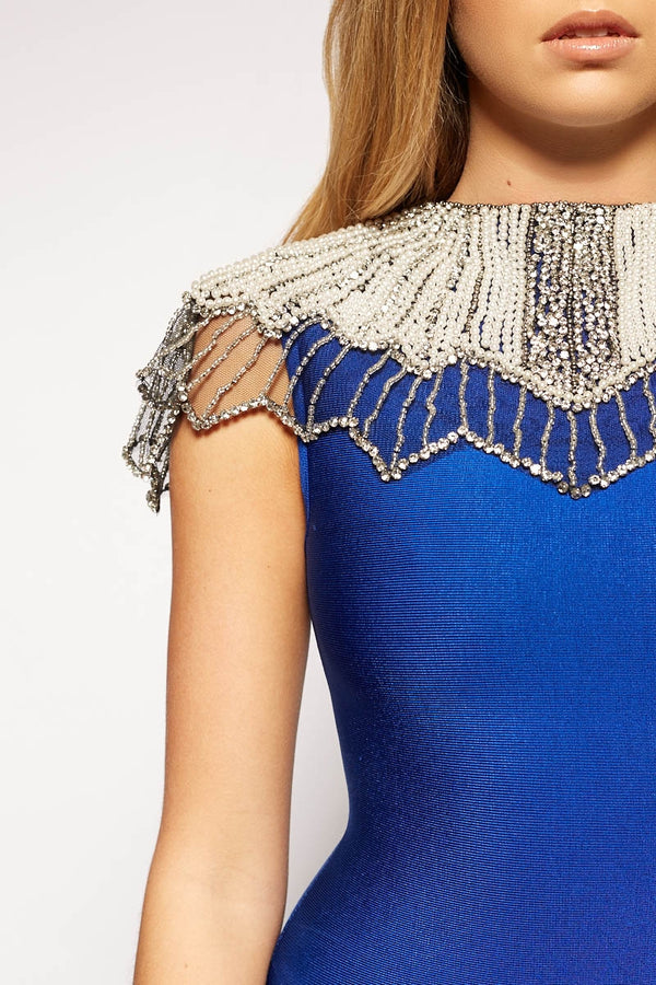 Belice - Diamante Embellished Cape Blue Bandage Dress