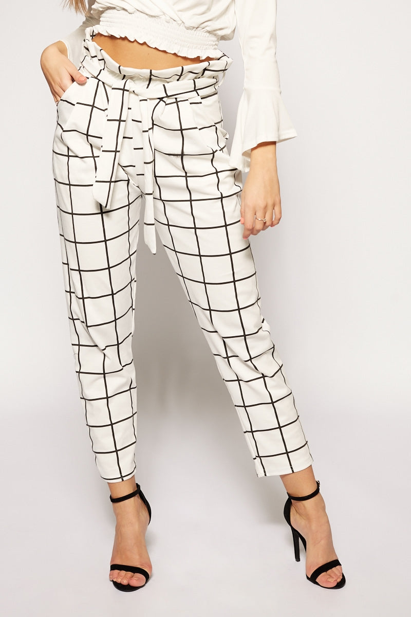 Jocie - White Checked High Waisted Cigarette Trousers