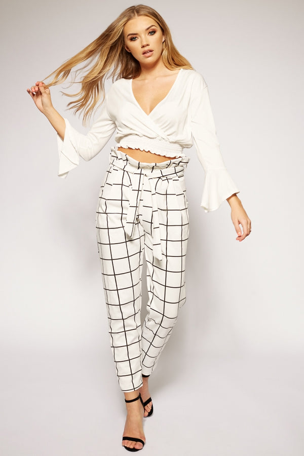 Jocie - White Checked High Waisted Cigarette Trousers 
