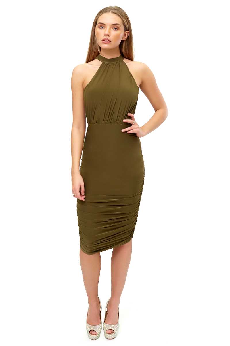 Brittany - Khaki Slinky High Neck Ruched Body-con Dress 