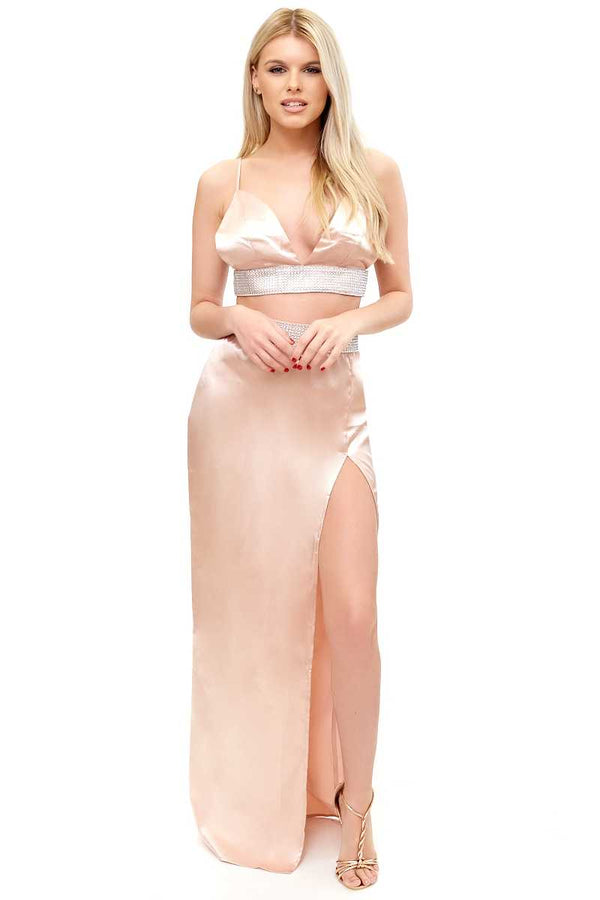 Alessandria - Rose Gold Diamante Satin Maxi Two Piece Set