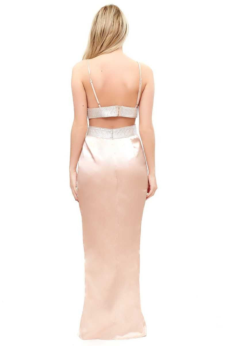 Alessandria - Rose Gold Diamante Satin Maxi Two Piece Set