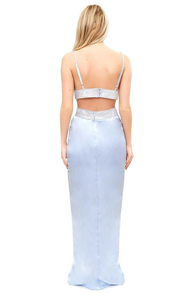 Alessandria - Baby Blue Diamante Satin Maxi Two Piece Set