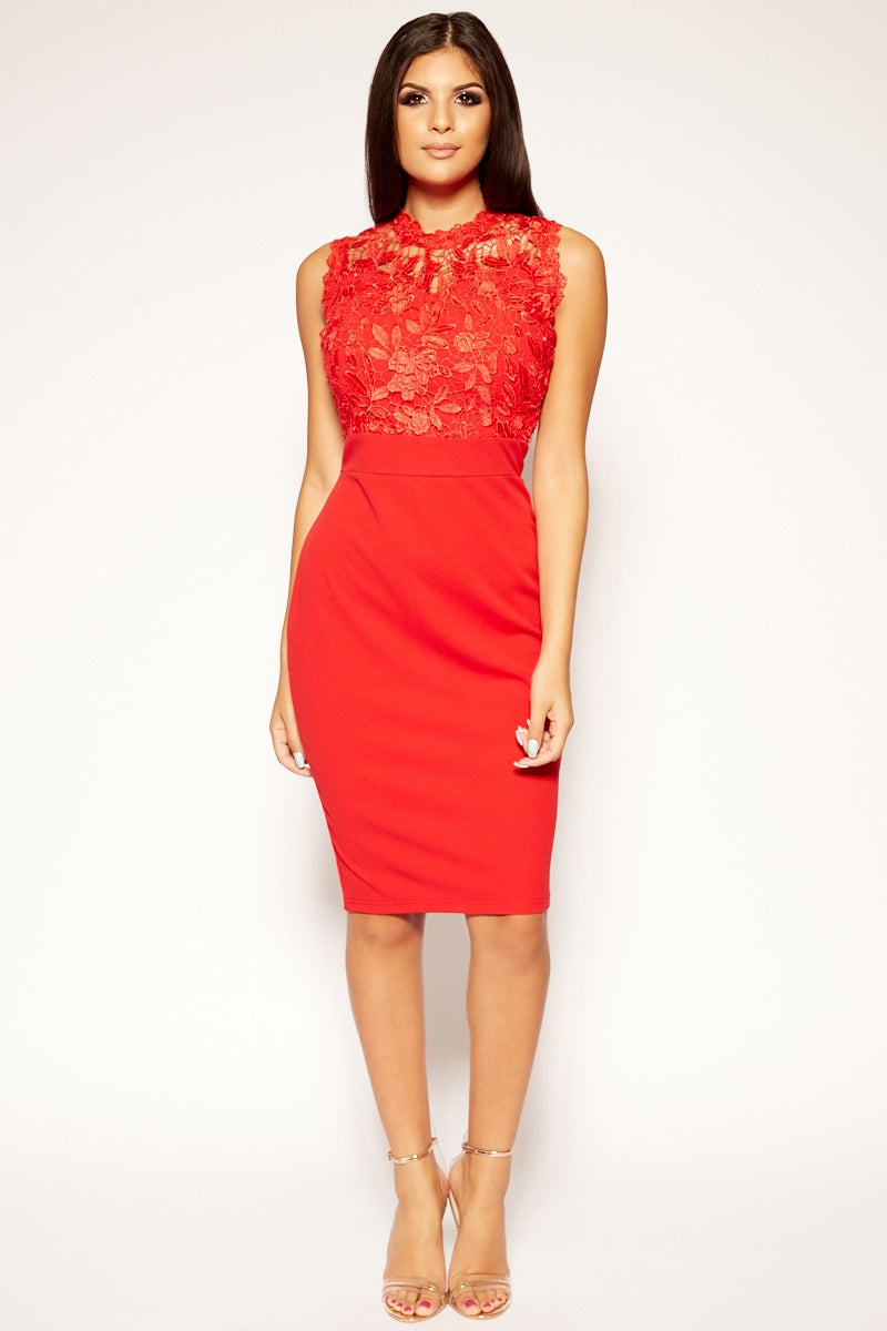 Breigh - Red Lace Overlay Bodycon Dress