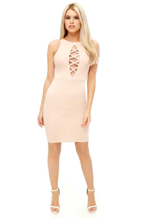Ciara - Nude Lace Up Front Mini Dress