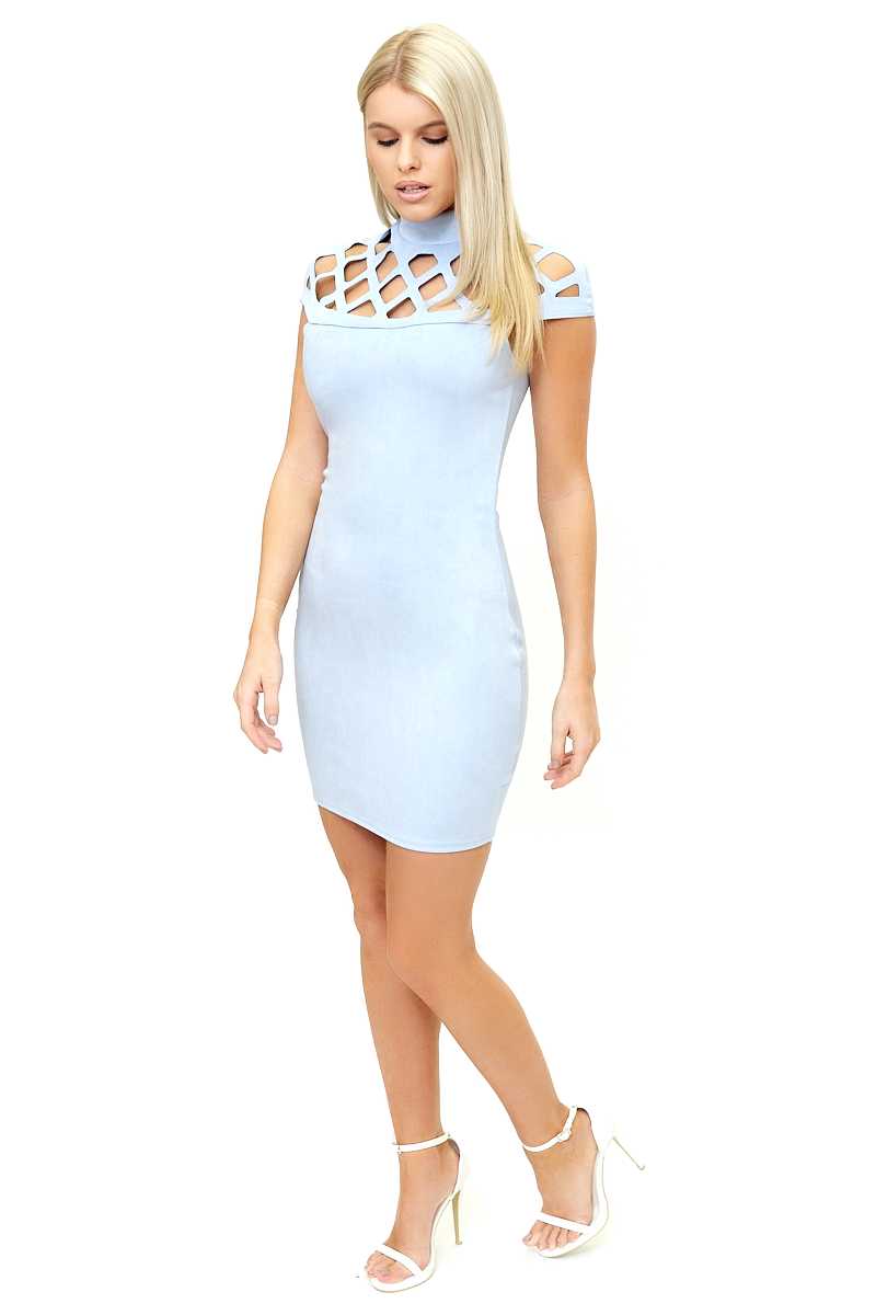 Eleni - Pale Blue Scuba Suede High Neck Bodycon Dress