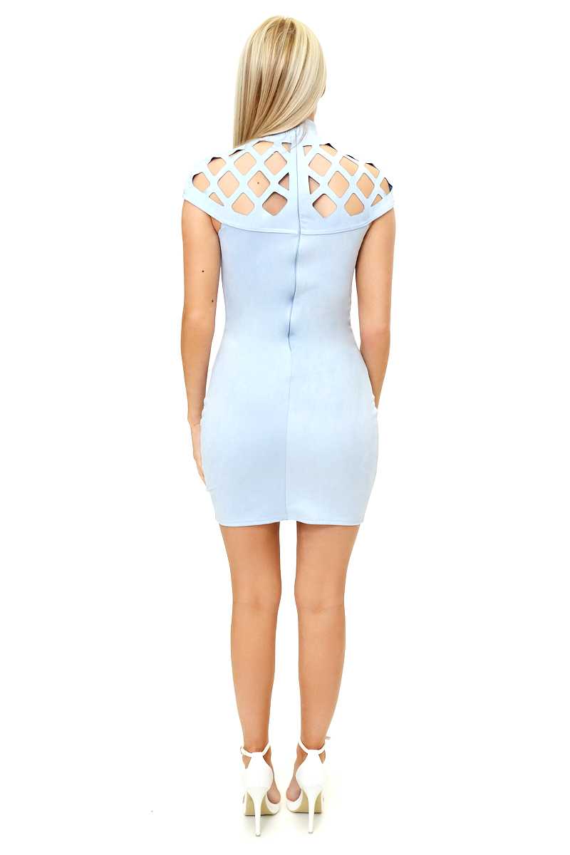 Eleni - Pale Blue Scuba Suede High Neck Bodycon Dress