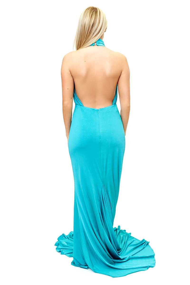 Natalia - Turquoise Halter-neck Fishtail Evening Gown