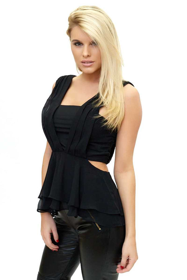 Kourtney - Black Chiffon Pleated Cut Out Top 