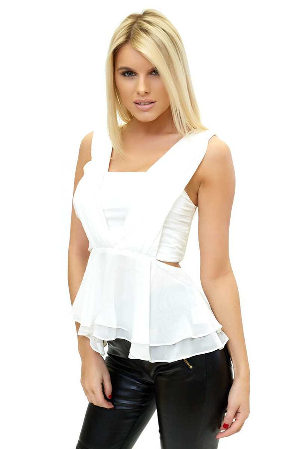 Kourtney - White Chiffon Pleated Cut Out Top