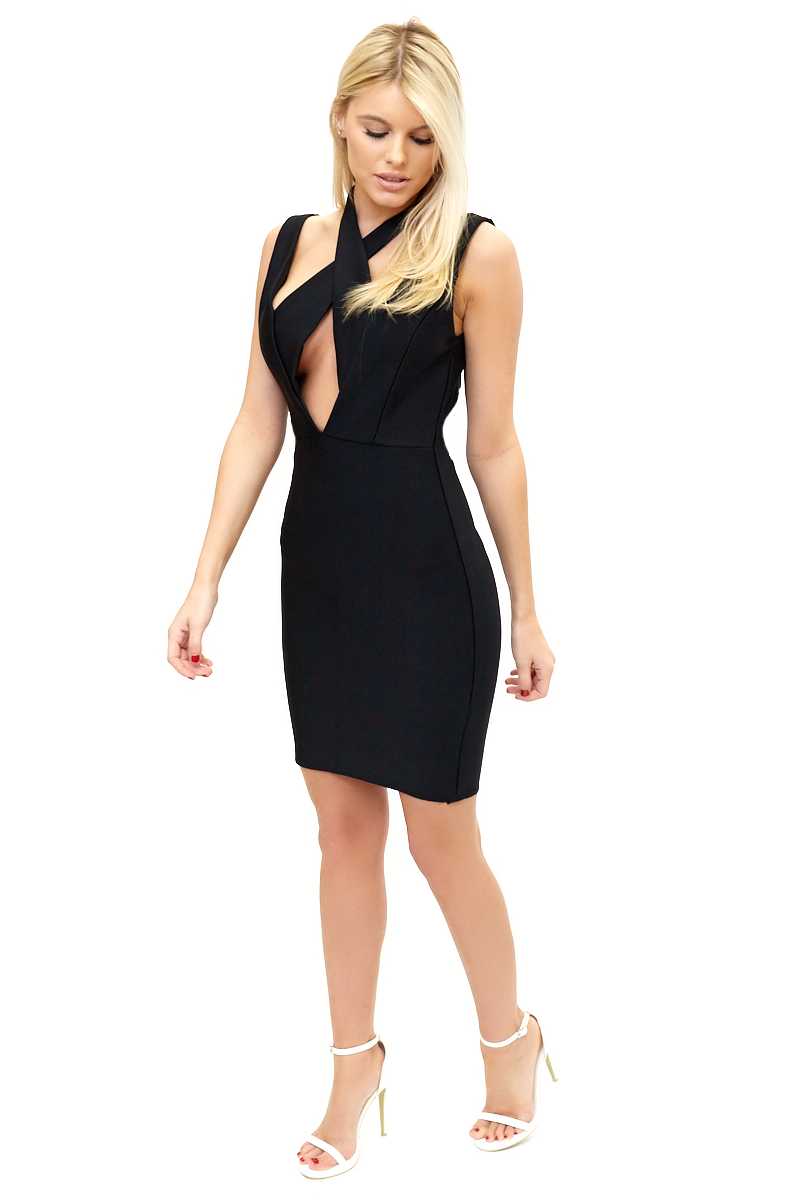 Hilary - Black Crossover Choker Neck Body-con Dress