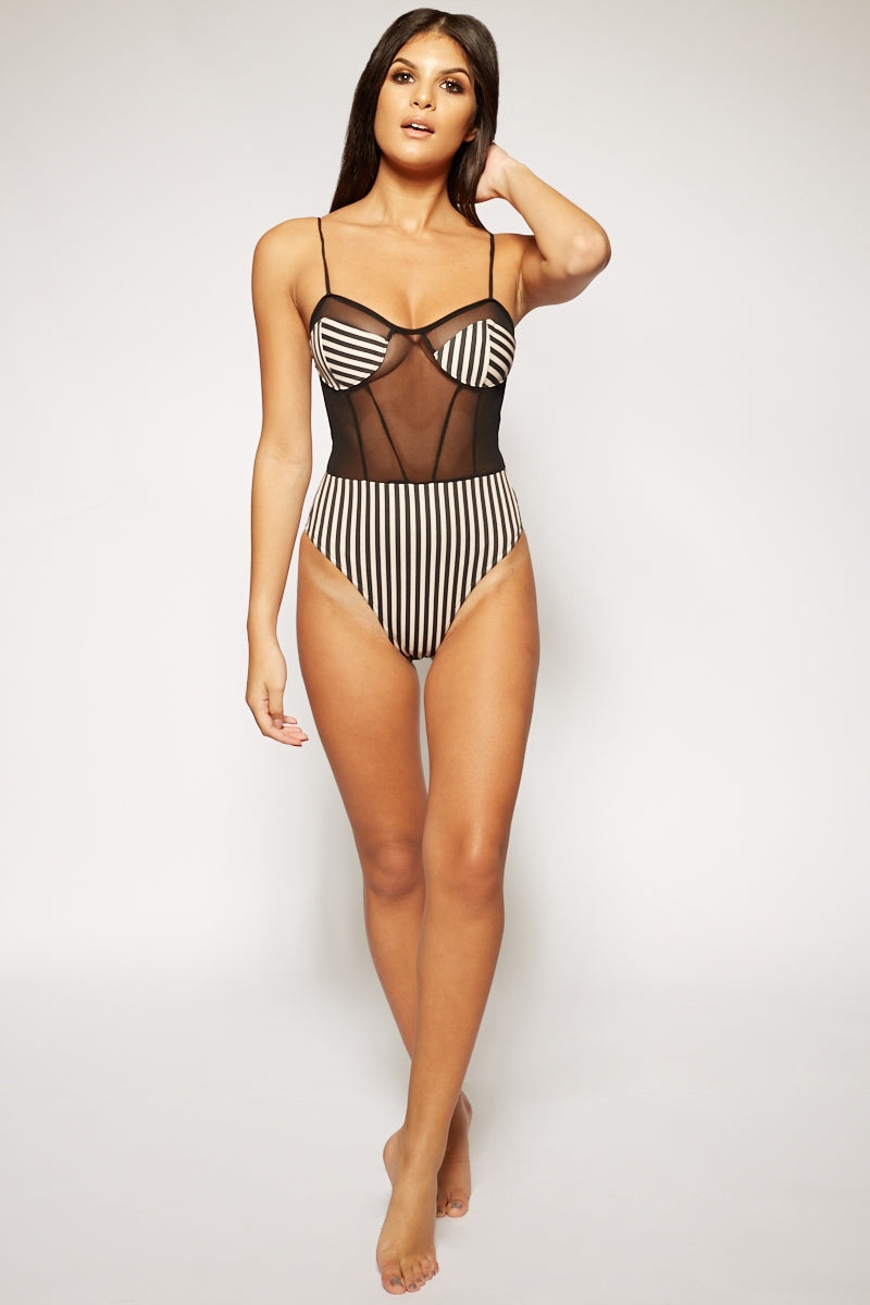 Emma - Black & Nude Striped Mesh Bodysuit 
