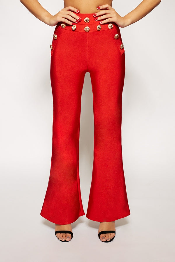 Farera - Red High Waisted Gold Button Bandage Trousers