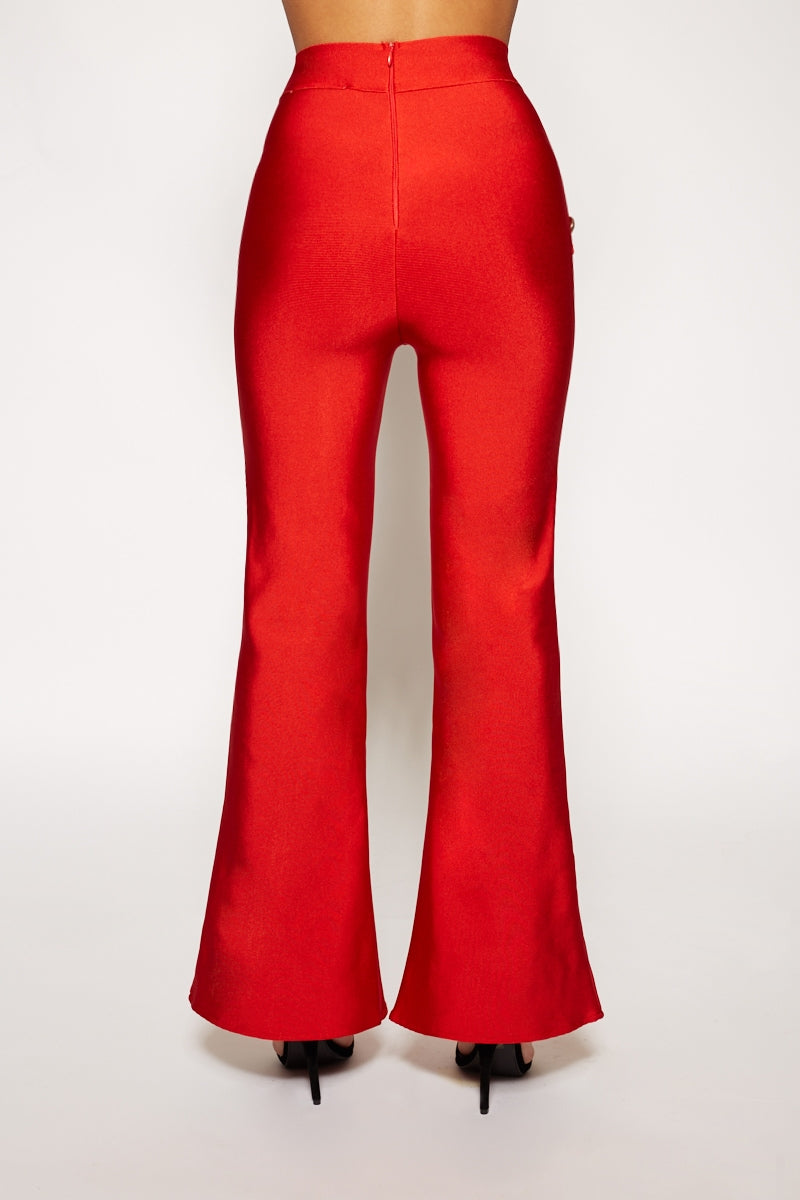 Farera - Red High Waisted Gold Button Bandage Trousers
