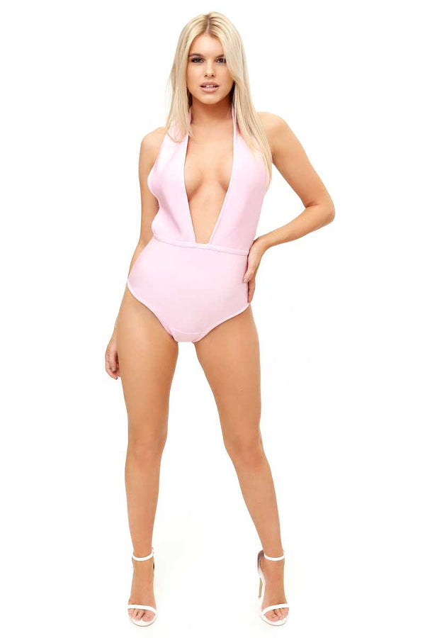Rebekah - Candy Pink Plunge Chain Bandage Bodysuit