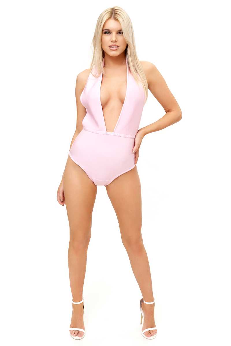 Rebekah - Candy Pink Plunge Chain Bandage Bodysuit