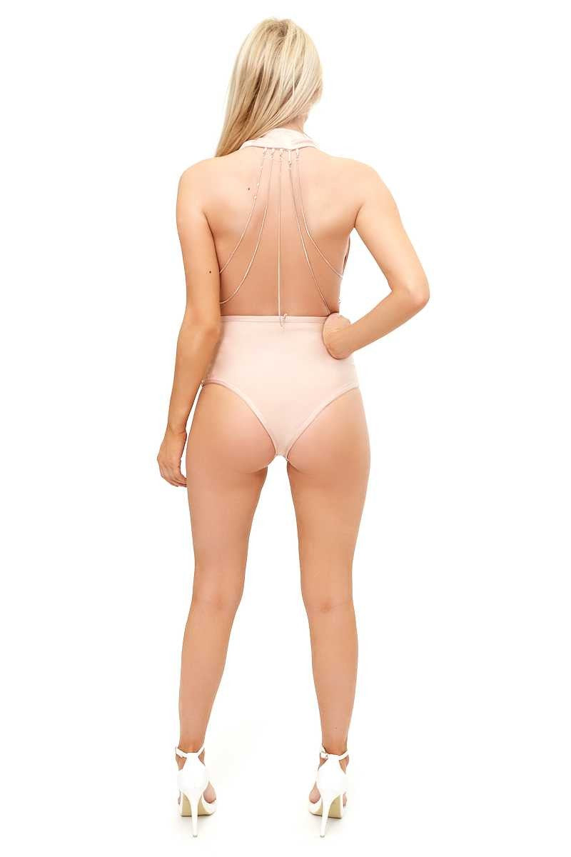 Rebekah - Nude Plunge Chain Back Bandage Bodysuit
