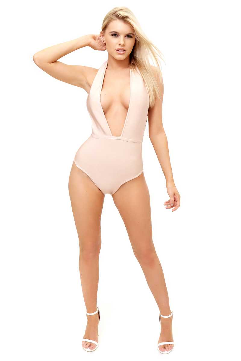 Rebekah - Nude Plunge Chain Back Bandage Bodysuit