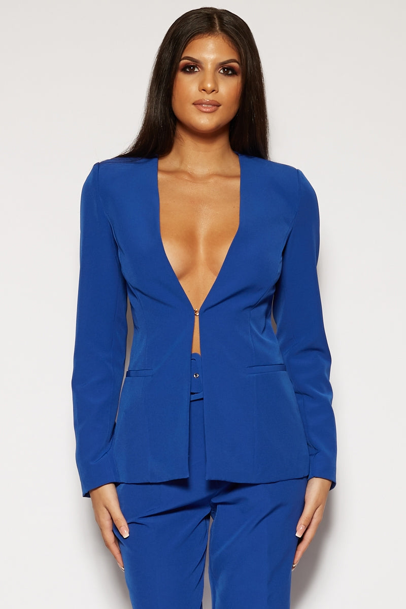 Laureline - Royal Blue Tailored Lapel-less Blazer & Pants Set
