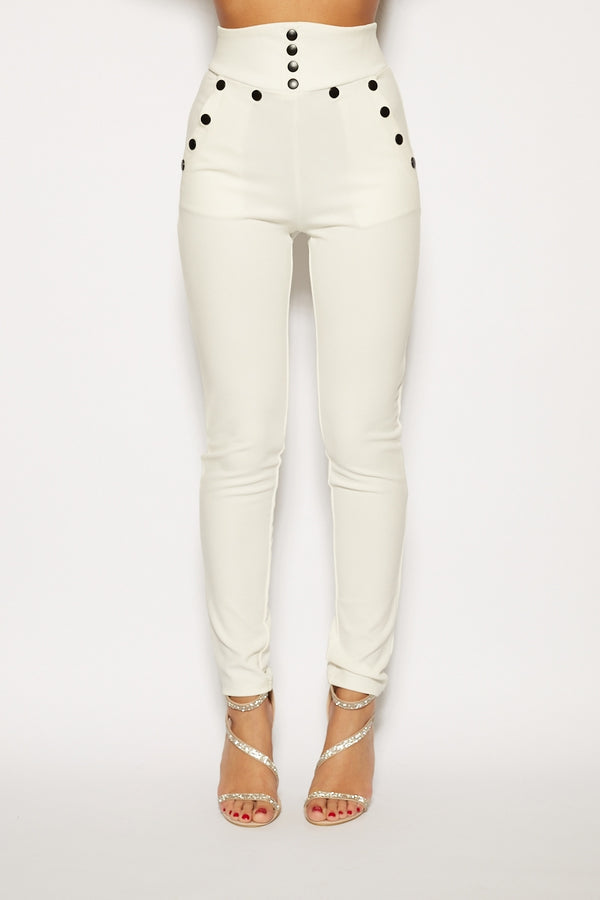 Ilania - White High Waisted Button Trim Trousers