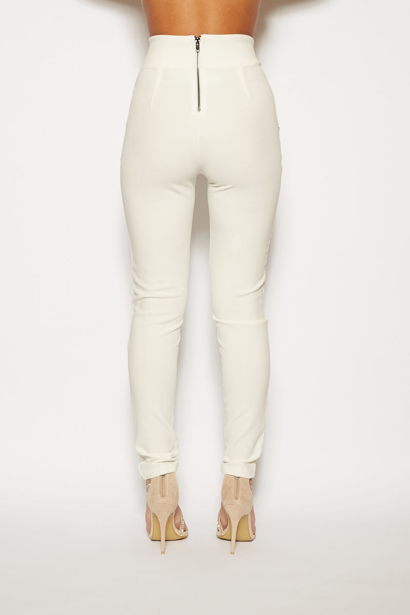 Ilania - White High Waisted Button Trim Trousers