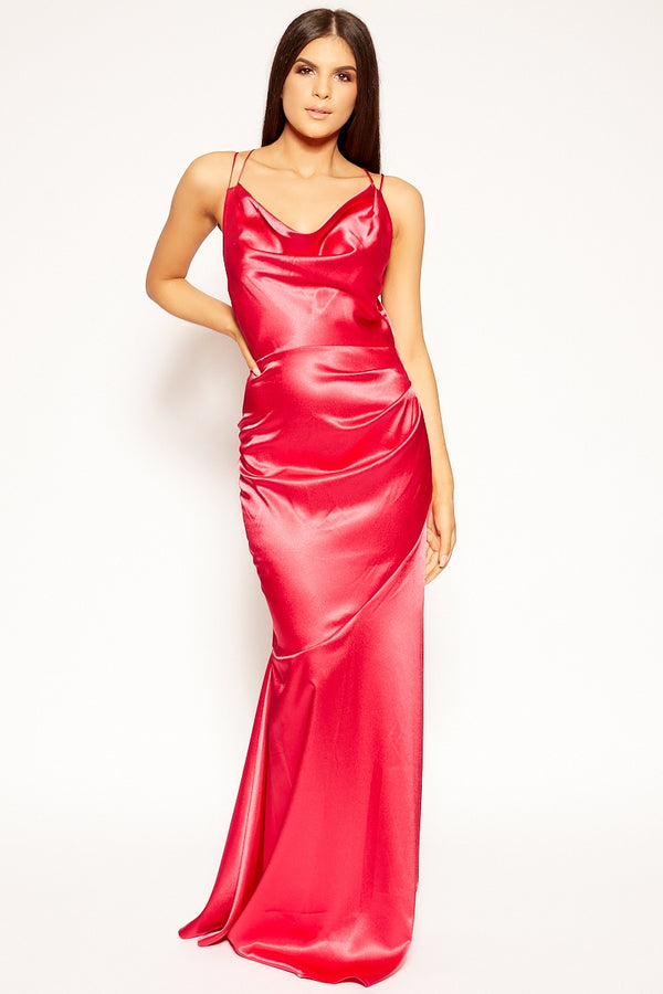 Balere - Cerise Cowl Neck Satin Backless Evening Dress