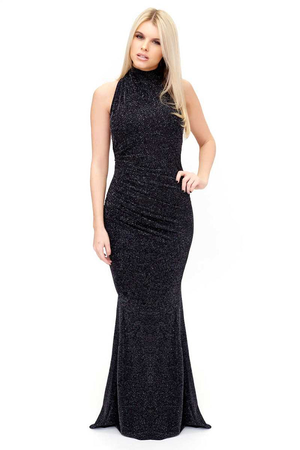 Leonetta - Black Glitter Halter-neck Evening Dress