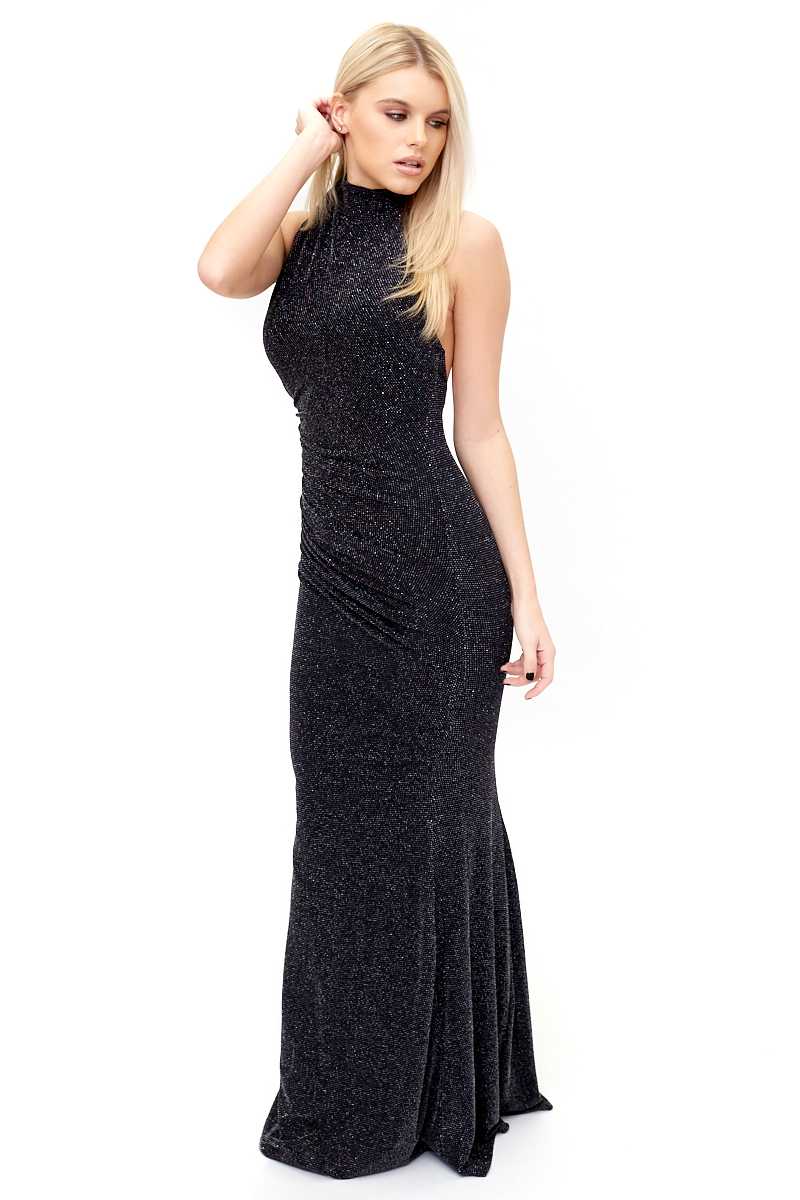 Leonetta - Black Glitter Halter-neck Evening Dress