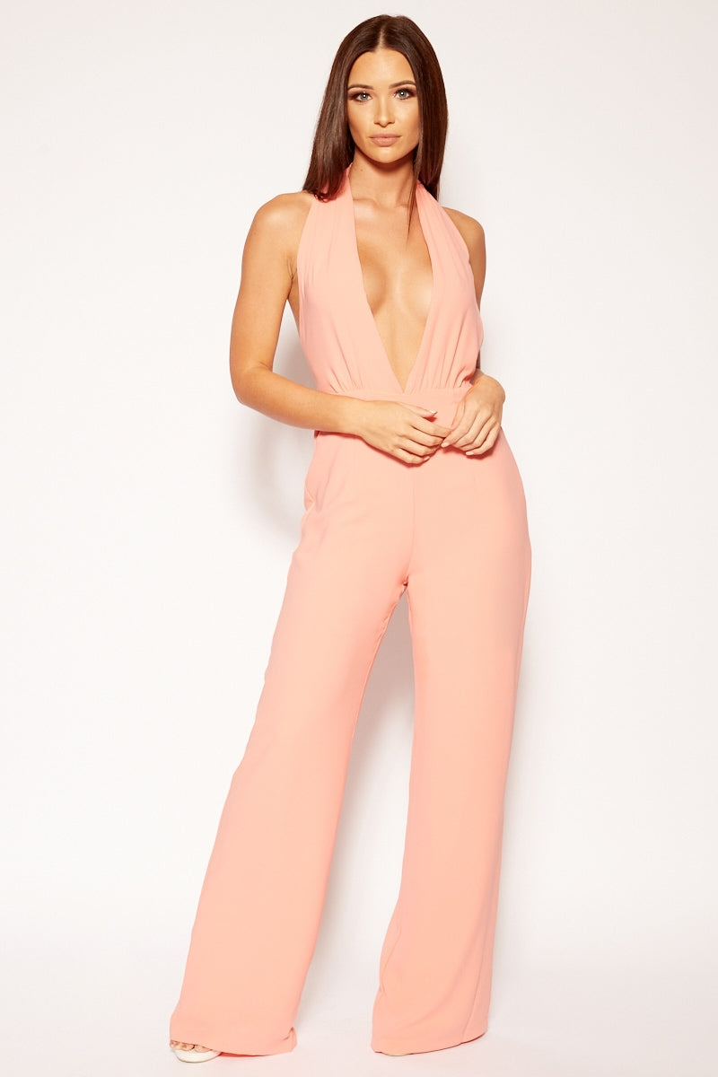Malibu - Pink Plunge Backless Jumpsuit 