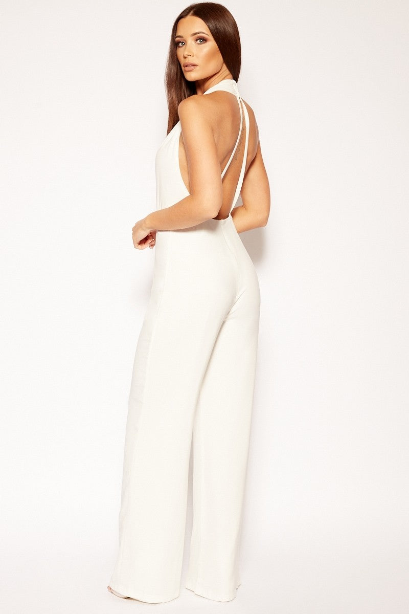 Malibu - White Halterneck Plunge Jumpsuit