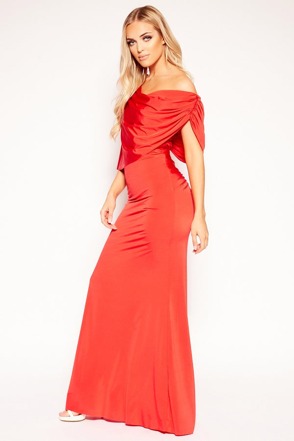 Roberta  - Red Draped Shoulder Evening Dress