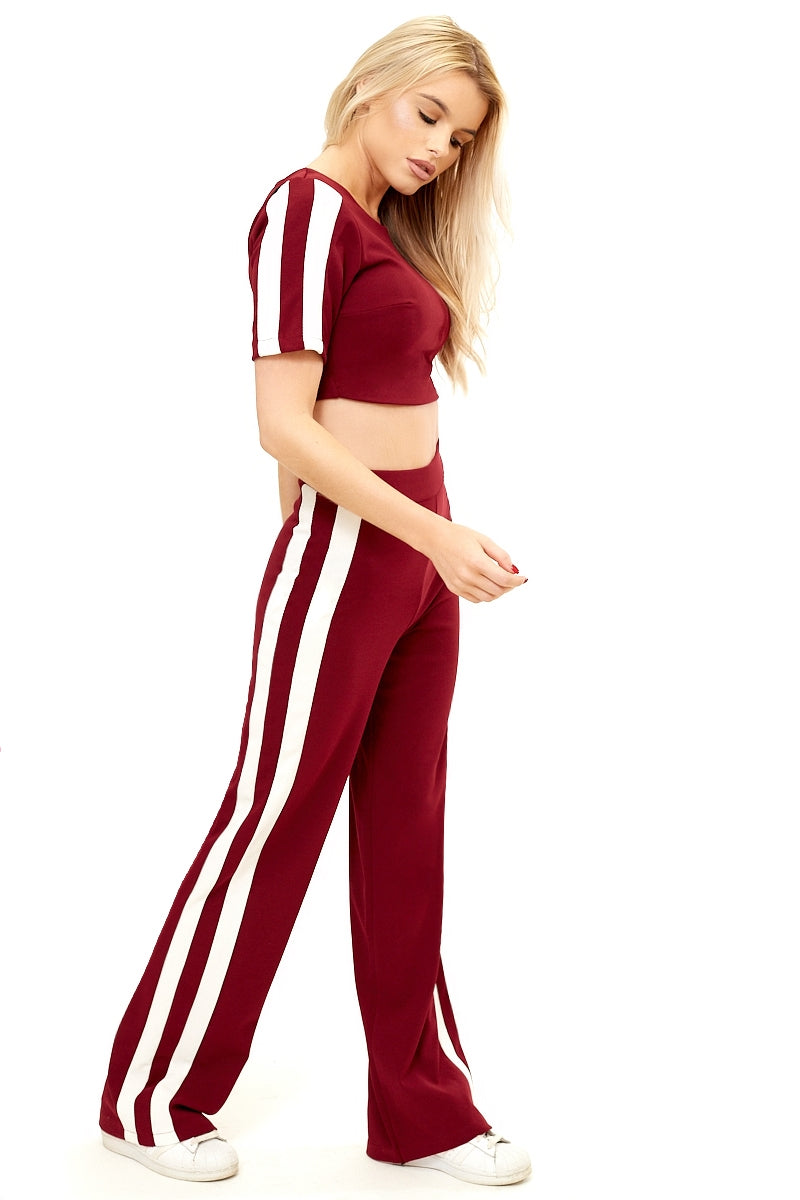Paislee - Wine Side Striped Cropped Loungewear Set