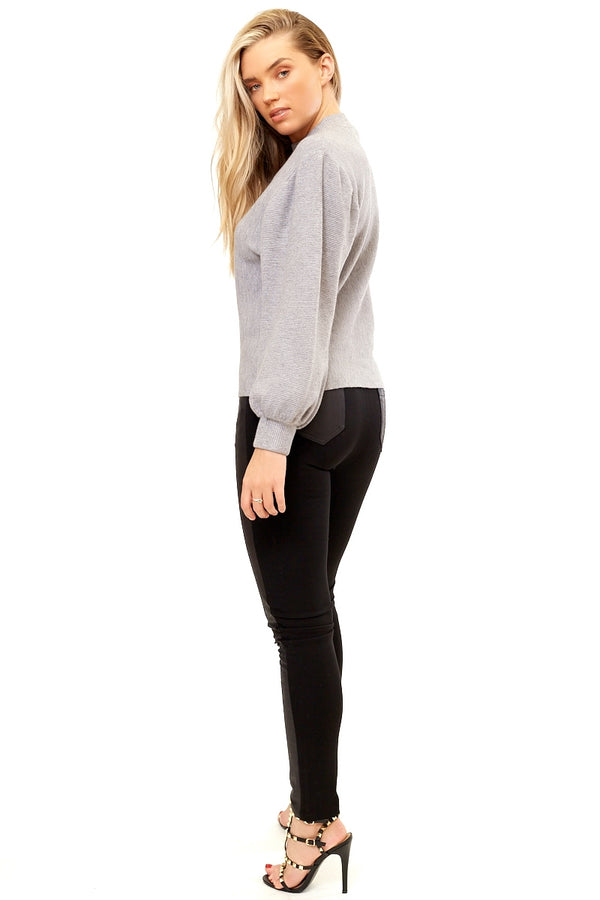 Lyonna - Grey Ribbed High Neck Jumper