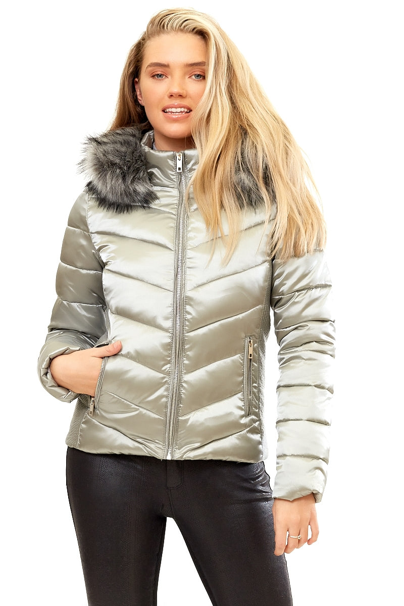 Noella - Silver Grey Faux Fur Trim Puffa Jacket