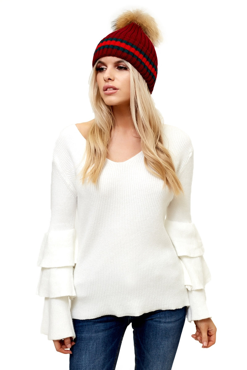 Emile - Wine Striped Faux Fur Bobble Hat