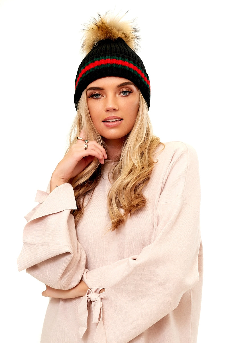 Emile - Black Striped Faux Fur Bobble Hat