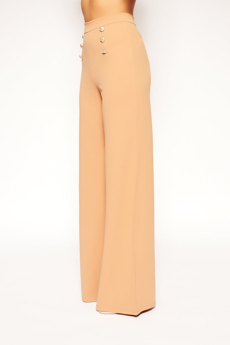 Lyndon - Nude High Waisted Gold Button Trousers